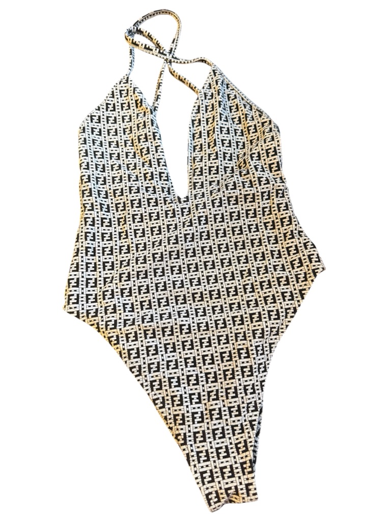 Fendi Black And White Logo Halter One-Piece Swimsuit